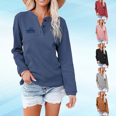 Women Long-Sleeved Henley Shirt with Button Down V-Neck and Loose Fit for Relaxed Style