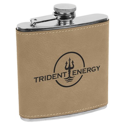 Light Brown 6oz Leatherette Stainless Steel Flask - Laser Engraves to Black