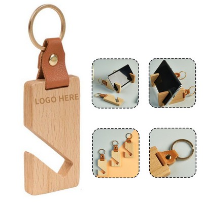 Leather-Strap Wood Phone Stand Keyring
