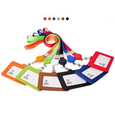 Multi-Card Leatherette ID Badge Holder With Retractable Lanyard