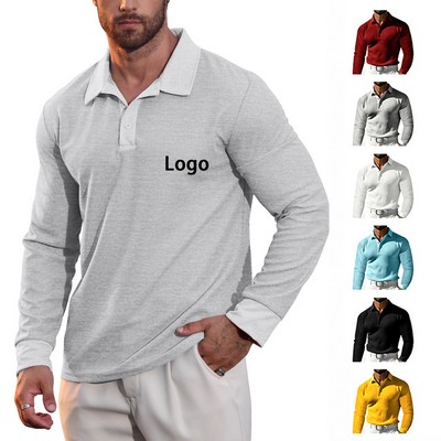 Men's Button V-Neck Long Sleeve Polo Shirt