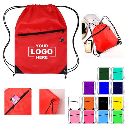 210D Polyester Drawstring Backpack with Front Zipper Pocket