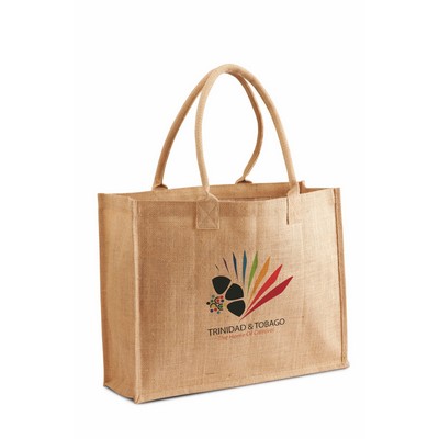 Natural Jute Burlap Shopping Tote with Cotton Handles w inside Laminated, Reusable Eco-Friendly Bag
