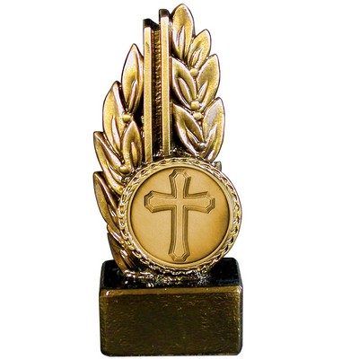 Stock 7" Laurel Trophy With 2" Cross Coin and Engraving Plate