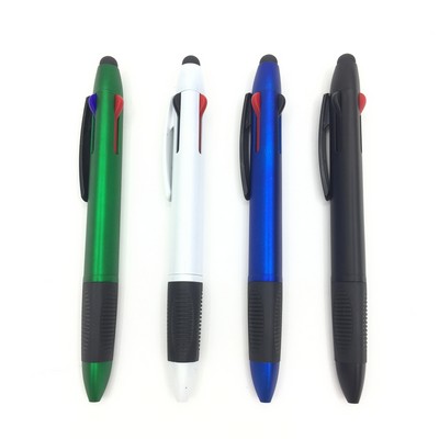 Multi-Colored Plastic Ballpoint Pen With Stylus Touch End And Rubber Grip