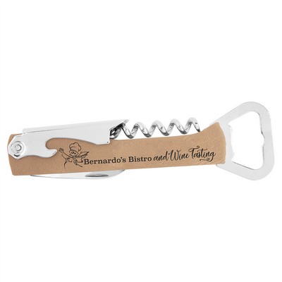 Corkscrew Wine Bottle Opener, Light Brown Faux Leather