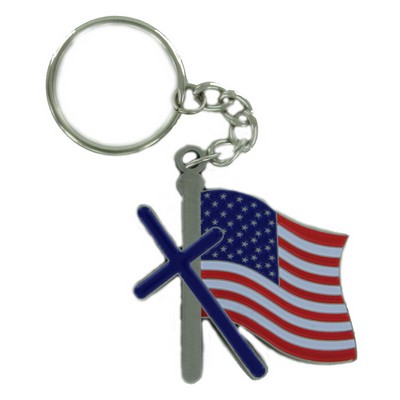 Die Cast Cross Pewter Silver Keychain w/American Flag
