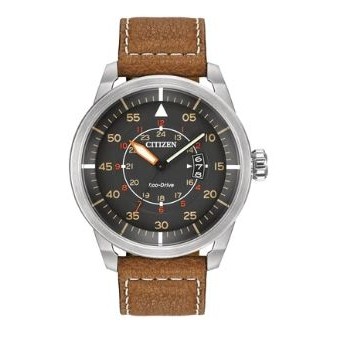 Citizen® Men's Eco-Drive® Avion Stainless Steel Watch w/Grey Dial & Brown Leather Strap