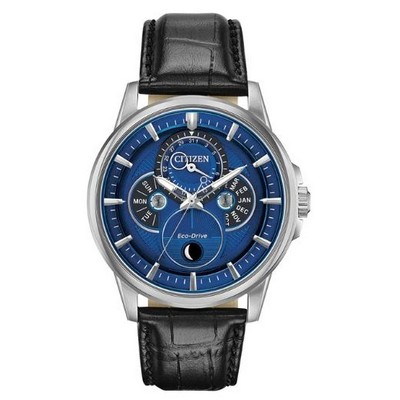 Citizen® Men's Calendrier Moonphase Eco-Drive® Watch w/Black Strap & Blue Dial