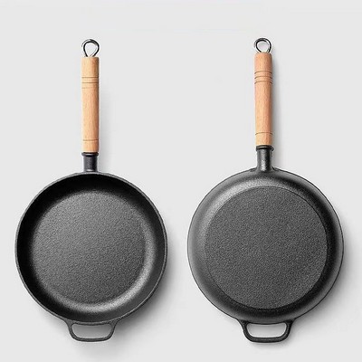 Wood Handle 9.85" Dia. Cast Iron Pan Frying Pan Uncoated Pancake Pan