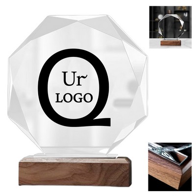 Octagonal K9 Crystal Award With Wooden Base