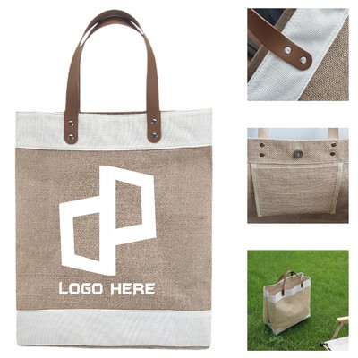 Jute Tote Bag W/ Leather Handle