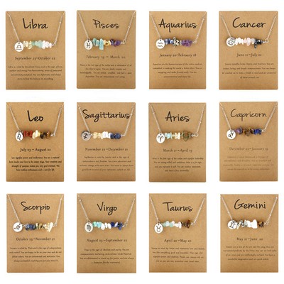 Colorful Irregular Natural Stone Jewelry Stainless Steel Chain 12 Zodiac Healing Crystal Necklace