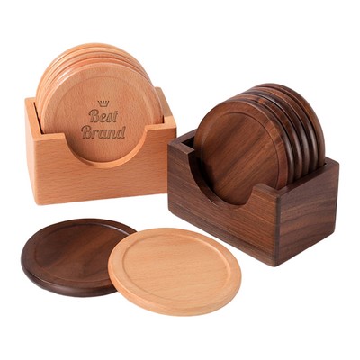 Natural Wood Round Coaster Set With Holder