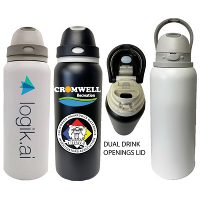 32 Oz. Stainless steel vacuum bottle with dual place drinking and carry loop