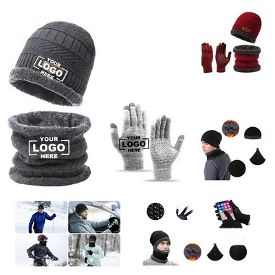 3 Piece Set Knitted Winter Warmth Fleece Hat Non Slip Gloves Scarf