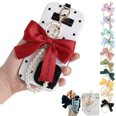 Ribbon Bow Pendant Keychain Pearl Wristlet for Women