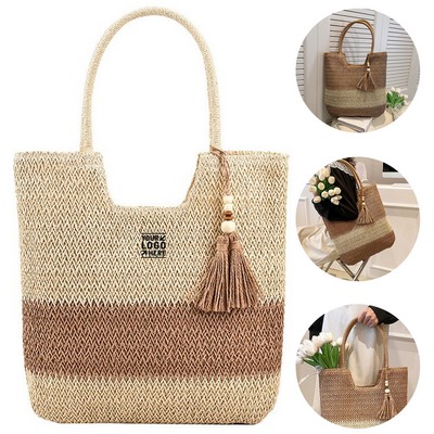 Natural Woven Straw Beach Tote Bag