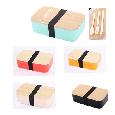 37Oz Microwaveable Bamboo Lid Bento Box With Spoon And Fork