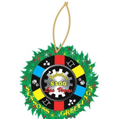 Las Vegas $100 Poker Chip Wreath Ornament w/ Clear Mirror Back (8 Square Inch)