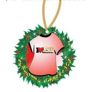 I Love Jesus T-Shirt Promotional Wreath Ornament w/ Black Back (4 Square Inch)