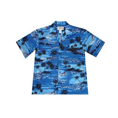 Navy Blue Hawaiian Tropical Military Print Shirt / 100% Cotton Poplin / Airplanes Circa WWII