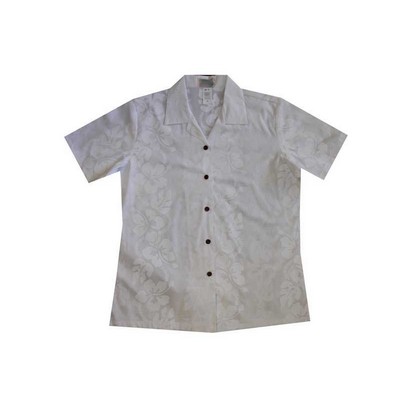 Ladies White Hawaiian Cotton Poplin Shirt w/Button Front & Short Sleeves