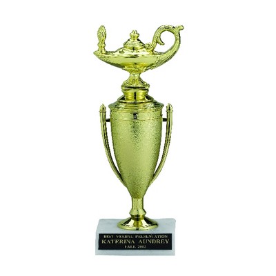 8 ½" Lamp of Learning Gold Cup Trophy w/White Marble Base