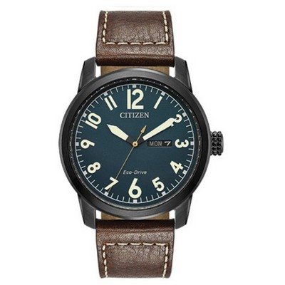 Citizen® Men's Chandler Eco-Drive Brown Leather Strap Watch W/ Black Case & Blue Dial