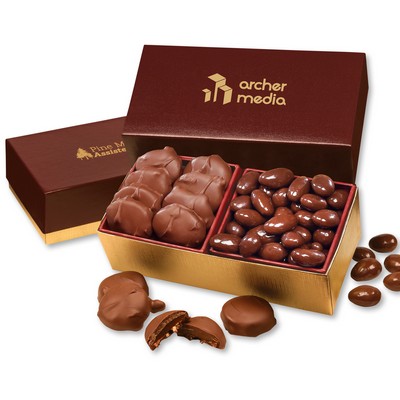 Burgundy & Gold Gift Box w/Caramel Pecan Clusters & Chocolate Almonds