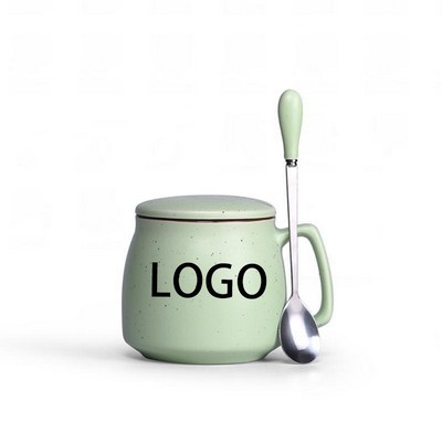 12 Oz Ceramic Coffee Cup With lid And Spoon