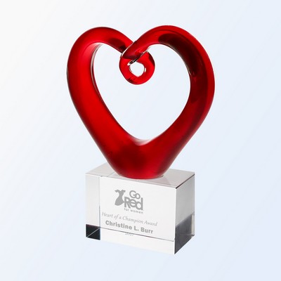 Red Heart Glass Award with Clear Square Base