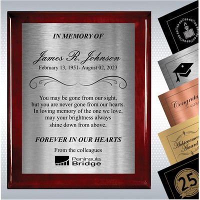 Rosewood Piano Finish Wood Personalized Memorial Plaque Gift Award (8" x 10")