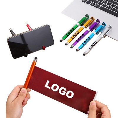 4-in-1 Plastic QR Code Ballpoint Pen w/Paper Banner & Stylus & Phone Stand