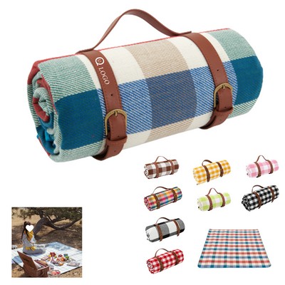Roll-Up Picnic Blanket W/ Leather Carry-Handle