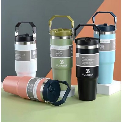 30 Oz /900ml Insulated Water Bottle Tumbler Cup W/Flip Straw and Handle Loop