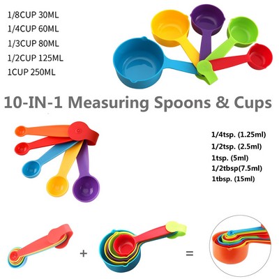 Assorted Color 10-in-1 Plastic Measuring Cup and Spoon Set with Volume Mark