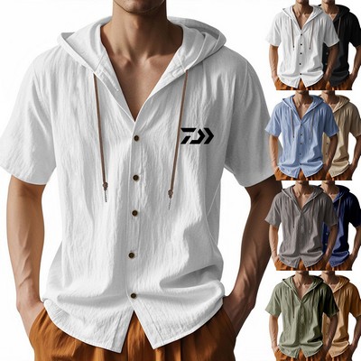 Men's Lightweight Linen Americana Loose-Fit Hooded Short-Sleeve Shirt
