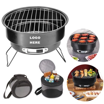 Portable Outdoor Cooking Set Round Barbecue BBQ Charcoal Grill with Cooler Bag