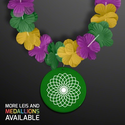 Purple, Green & Gold Flower Lei Necklace with Green Medallion (Non-Light Up) - PRINTED