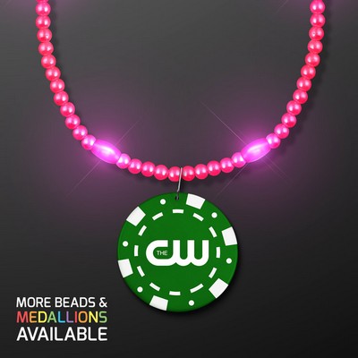 Pink LED Bead Necklace with Green Poker Chip Medallion - PRINTED