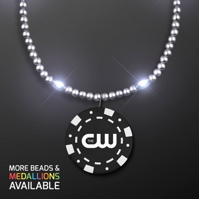 Silver LED Bead Necklace with Black Poker Chip Medallion - PRINTED