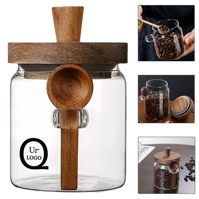 Glass Jar W/ Wooden Lid And Spoon