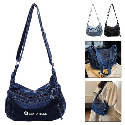 11 X 7.5" Denim Shoulder Multi-Zipper Bag W/ Wide Strap