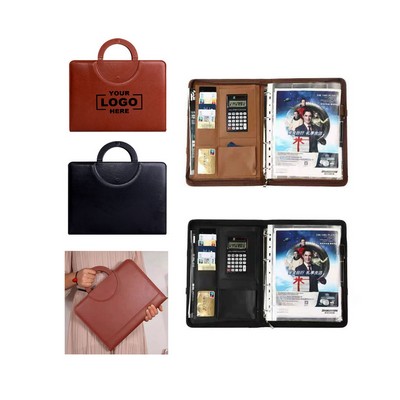 Zippered Brown Leather Binder Portfolios w/ Carrying Handle