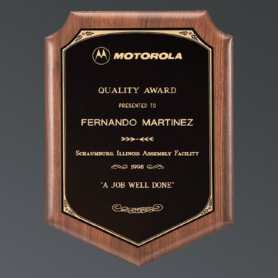 American Walnut Shield Plaque, Black Brass/Gold Florentine, Large (9"x12")