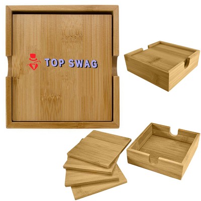 4-Piece Square Bamboo Coaster Set w/ Stand