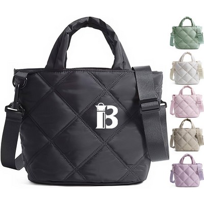 Nylon Puffer Quilted Crossbody Tote Bag w/ Handle