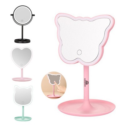 Pink Cartoon Backlit Lighted Glass Mirror Tabletop Stand Cat Mirrors Led Light Makeup Mirror