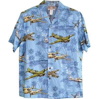 Hawaiian Tropical Military Blue Print Shirt Airplanes Circa WWII (S - 3XL IN STOCK)